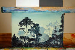 Painting of a sparse forest canopy.