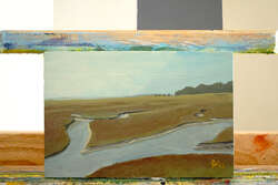A painting of a wetland with tributaries converging in the foreground.
