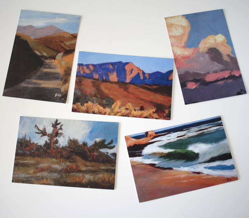 Five colorful postcards of various landscape paintings on a white background.