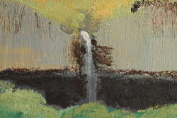 Very small painting of cliffs with a waterfall.