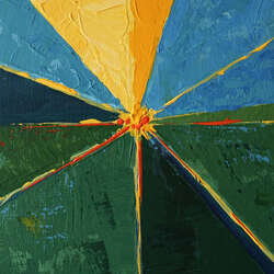 Abstract painting divided into several triangle of greens, blues, and yellows converging onto a yellow and orange point. Might be the sun at dawn, might be car headlights cresting a hill.