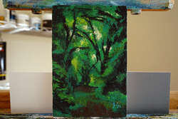 A rough painting of a forest dense with underbrush. Daylight peeks through the canopy.