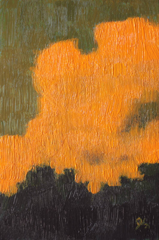 Abstractish painting of clouds over trees. There is a strong orange cast.