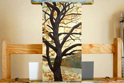Painting of a tree in fall. Most leaves have left, the rest are leaving. A naked trunk dominates the canvas.